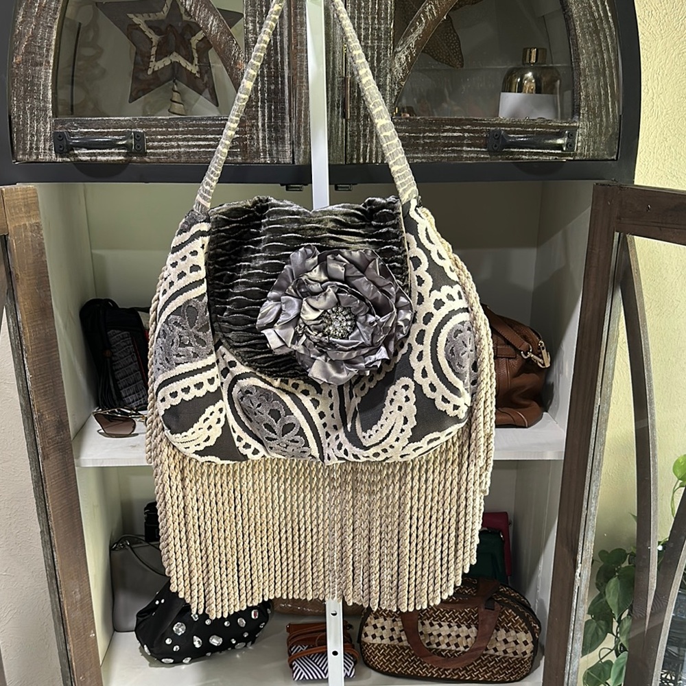 Keep It Gypsy Cream and Black Geometric Fringe Shoulder Bag